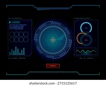 Ein High-Tech Head-up-Display (HUD), das verschiedene Datenvisualisierungen einschließlich Grafiken, Systemstatusanzeigen und Analysemodulen in einem neonblauen und orangefarbenen Farbschema darstellt.