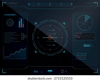 Una pantalla Heads-Up Display (HUD) de alta tecnología con una retícula de orientación, radar, Estado del sistema y gráfico de frecuencias de audio. Esta interfaz futurista sugiere una aplicación de ciencia ficción o militar.