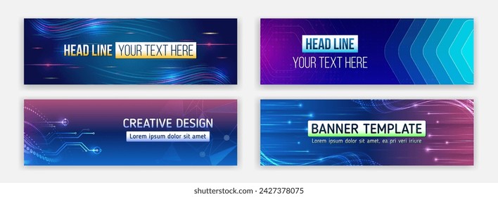Horizontale High-Tech-Bannervorlage. Modernes Bannerdesign mit Technologie-Element. Datenschutz, Internetkommunikation, Wissenschaft, Big Data, Cover Design Set. Sci-Fi Vektor-Probenkonzept.