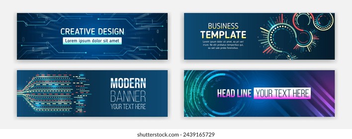 High-tech horizontal banner template. Modern banner design with technology element. Data protection, internet communication, science, big data, cover design set. Sci-fi vector sample concept.