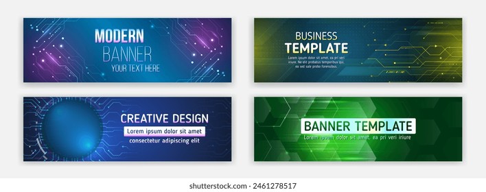 High-tech horizontal banner template. Modern banner design with technology element. Data protection, internet communication, science, big data, cover design set. Sci-fi vector sample concept.