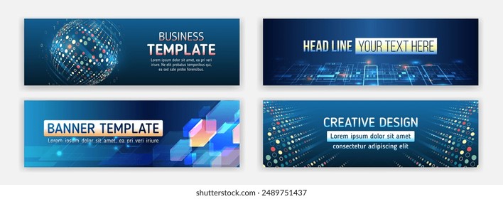 High-tech horizontal banner template. Modern banner design with technology element. Data protection, internet communication, science, big data, cover design set. Sci-fi vector sample concept.