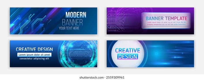 High-tech horizontal banner template. Modern banner design with technology element. Data protection, internet communication, science, big data, cover design set. Sci-fi vector sample concept.