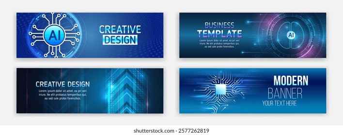High-tech horizontal banner template. Modern banner design with technology element. Data protection, internet communication, science, big data, cover design set. Sci-fi vector sample concept.