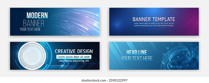 High-tech horizontal banner template. Modern banner design with technology element. Data protection, internet communication, science, big data, cover design set. Sci-fi vector sample concept.
