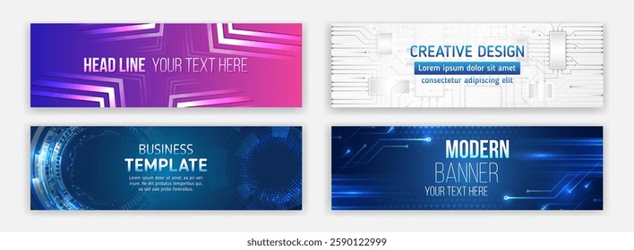 High-tech horizontal banner template. Modern banner design with technology element. Data protection, internet communication, science, big data, cover design set. Sci-fi vector sample concept.