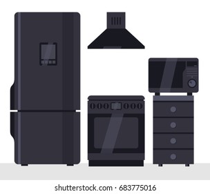 High-tech household appliances in the kitchen. Black equipment kit. Dark modern interior design.