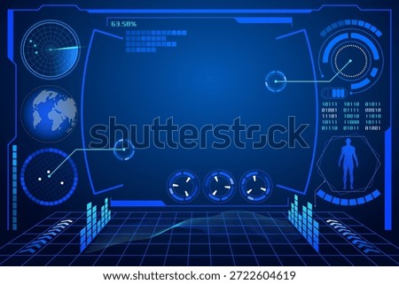 High-tech HUD screen with radar, Earth map, biometric scan, graphs, and binary code in blue tones.