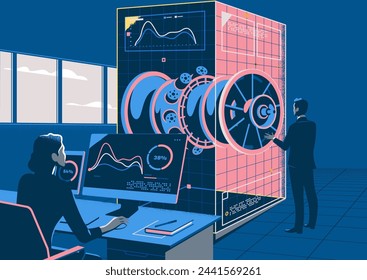 Industria de alta tecnología: Ingeniero que diseña el motor 3D, usando la tabla del holograma de la realidad aumentada para analizar la ilustración del vector del modelo del prototipo