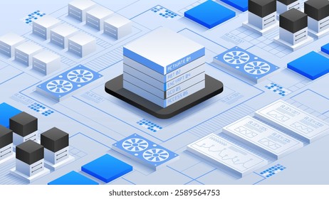 High-tech Innovative Data Center with interconnected servers and state-of-the-art cooling systems, emphasizing breakthrough digital infrastructure and powerful data processing technology