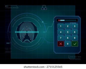 Una interfaz de alta tecnología que muestra un escáner biométrico de huellas dactilares junto con un teclado digital, lo que indica un sistema de acceso seguro.
