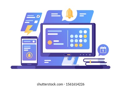 High-tech laptop with opened scheduler vector illustration. Big blue screen with diverse information about future appointments and dates flat style design. Plan your life concept