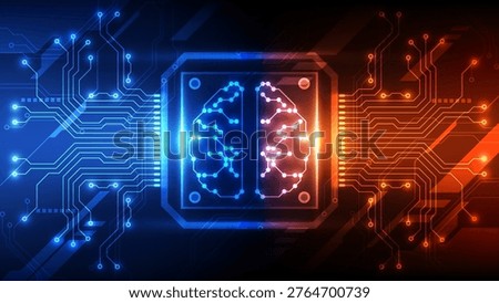 High-tech layout featuring a central digital brain icon divided by contrasting neon colors. Ideal for artificial intelligence, neural networks, and advanced data analysis themes.