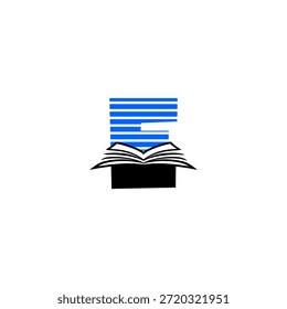 Letra de alta tecnologia E logo fundindo um livro com padrões de circuito. Design vetorial para data centers de IA, ensino técnico e centros de conhecimento digital futurista