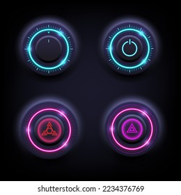 High-tech light button is a set of four pieces, blue, red, pink, with various symbols. centered on gradient background