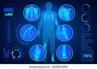 Interfaz médica de alta tecnología que muestra un escaneo de cuerpo completo de un humano con varias métricas de salud, adecuadas para conceptos de atención médica y tecnología.