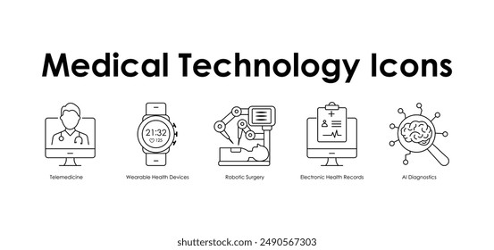 Conjunto de iconos de soluciones médicas de alta tecnología con trazo editable.