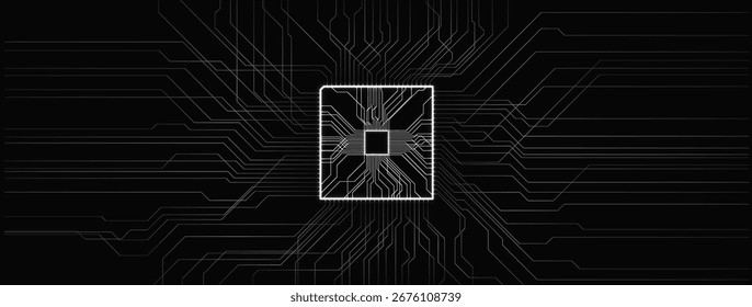 A high-tech microchip is centered in a visually striking design against a black background. Surrounding circuits radiate outwards, illustrating modern electronic technology in detail.