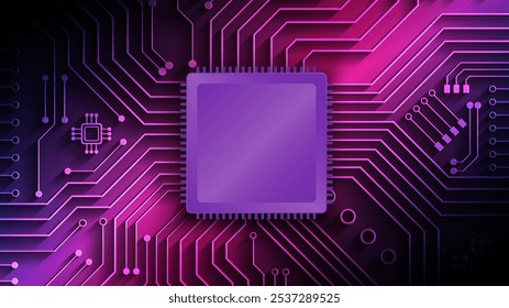 Ilustración de placa de circuito de microchip de alta tecnología con colores vibrantes de neón púrpura y rosa, ideal para tecnología, innovación y fondos digitales