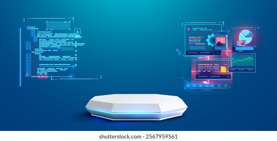 High-tech platform with futuristic code displays, data analytics, and bright neon elements. Perfect for software presentations, app development, or digital innovation. Vector illustration.