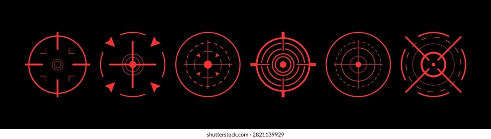 High-tech radar interface with circular HUD targets and glowing red scanner elements. Futuristic vector graphics for cyber security, tactical systems and sci-fi UI.