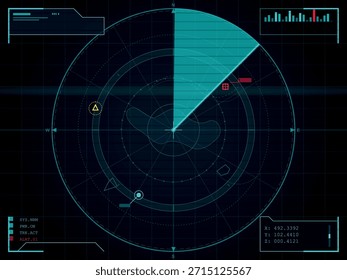 A high-tech radar screen displays navigation data, targets, and system status in a digital interface. The screen features a circular radar sweep, directional indicators, and a coordinate display.