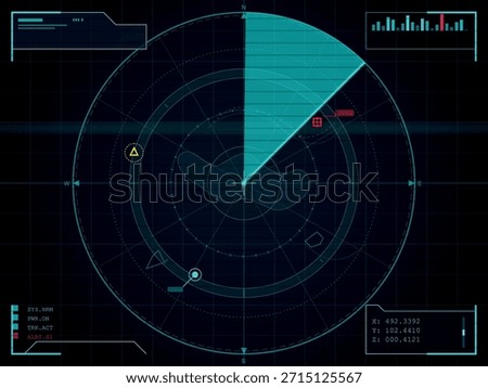 A high-tech radar screen displays navigation data, targets, and system status in a digital interface. The screen features a circular radar sweep, directional indicators, and a coordinate display.
