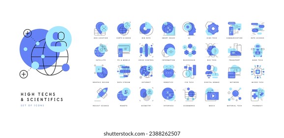 Hightech und Wissenschaftler. Konzepte moderner Technologien. Set von einfachen Bild- und Zeilensymbolen. Infografische Elemente. Vektordatei.