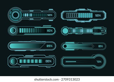 Paquete de barras de progreso HUD de ciencia ficción de alta tecnología: Elementos de interfaz azul neón futurista con indicadores de carga digital, componentes de interfaz de usuario cibernética, barras tecnológicas brillantes, pantallas porcentuales y trampa moderna del tablero