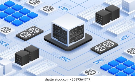 High-Tech Server Facility. Modern data center featuring advanced servers and efficient cooling solutions. Emphasizing cutting-edge digital architecture and robust data processing capabilities.