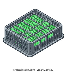 A high-tech server unit featuring a grid of bright green illuminated components set within a dark metallic frame in an isometric perspective