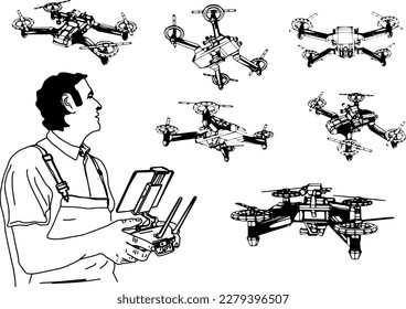 Hightech-Himmel: Vektorgrafik von Mensch und Drohne in Aktion
Präzision beim Skizzen: Der Mensch navigiert Drohne mit der neuesten Technologie
Drohnenabenteuer: Vektorgrafik des Menschen auf dem Feld