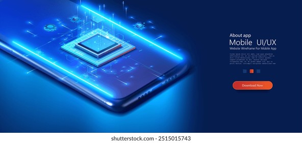 O conceito de smartphone de alta tecnologia apresenta um microchip brilhante e design de circuito, enfatizando o poder computacional avançado e a inovação tecnológica dos dispositivos móveis modernos. Processador digital.