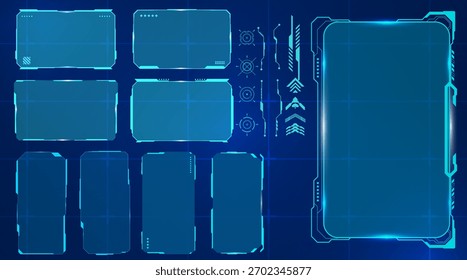 High-Tech Target HUD Display Set With Neon UI Panels. A high-tech HUD display set featuring neon panels, target markers, and futuristic digital interface components.