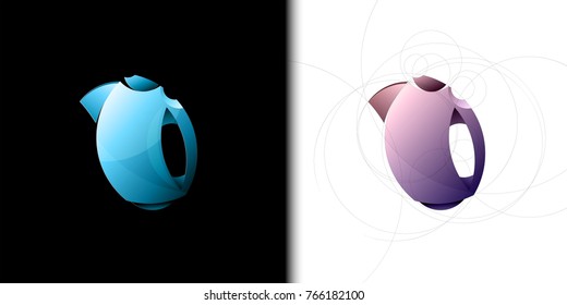 High-tech teapot logo, built on a golden section. Electronic modern kettle. Blue on a black background. Purple on a white background.