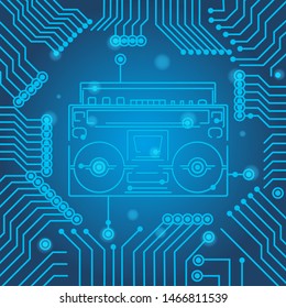 High-tech technology blue background texture. Circuit board minimal pattern cassette player. Science vector illustration. eps 10