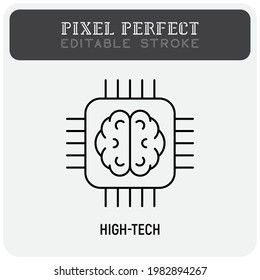 High-tech Thin Line Icon. Brain In Microchip. Artificial Intelligence. Pixel Perfect, Editable Stroke. Vector Illustration.