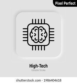 High-tech thin line icon. Brain in microchip. Artificial intelligence. Pixel perfect, editable stroke. Vector illustration.