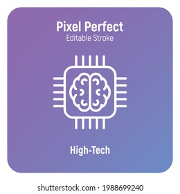 High-tech thin line icon. Brain in microchip. Artificial intelligence. Pixel perfect, editable stroke. Vector illustration.