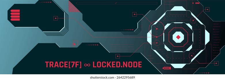 High-tech UI layout featuring geometric interface, red diagnostic paths on dark teal background. Concept of secure system diagnostics, motion graphics overlay. Flyer