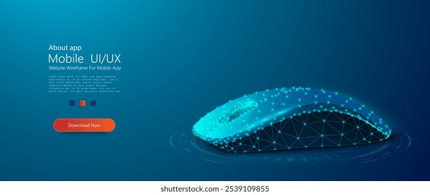 High-tech vector illustration of a polygonal wireframe computer mouse with a glowing blue grid and connection points. Ideal for themes of technology, innovation, connectivity, and digital devices