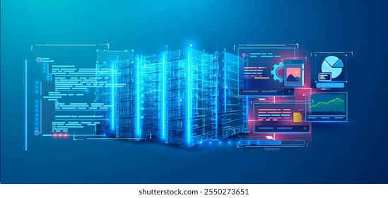 Visualización de alta tecnología de un servidor de datos o centro de datos en la nube en tonos azules brillantes con Elementos interactivos de interfaz futurista que muestran gráficos, gráficos y codificación en un fondo de gradiente limpio.