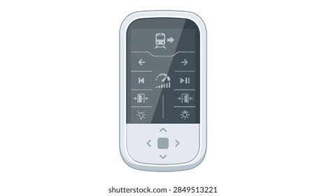 A high-tech, white handheld controller with a dark screen display featuring a variety of control icons including a train symbol, directional arrows, speed indicators, door operation buttons, and light settings, isolated on a white background.