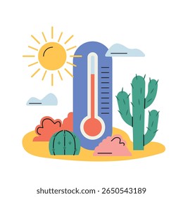 termômetro de alta temperatura cercado por cactos e um sol em chamas, simbolizando calor extremo no verão, clima desértico, ótimo para aplicativos meteorológicos, gráficos ambientais e projetos de conscientização de ondas de calor