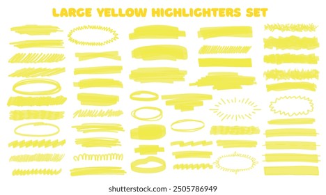 Hightlight yellow hand drawn highlight set.Vector highlighter graphic stylish element. Marker yellow set, brush pen hand drawn underline. Highlighter collection, brush lines, isolated.