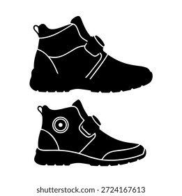 High-Top Wanderschuh und Sportschuh Silhouetten, Outdoor Performance Schuhe Vektor Icons mit moderner technischer Befestigung
