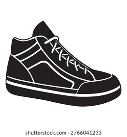 Hightop sneaker shoe with laces and thick sole black and white illustration