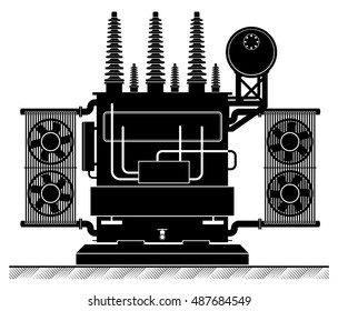 The high-transformatorel. Black and white illustration. Risk of electric shock. electricity supply. Energy Transformation.