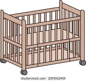 High-type crib with storage. Illustration seen from diagonally above.