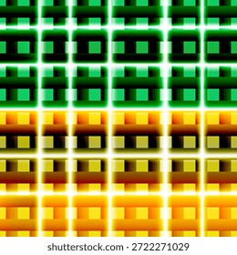 Ein abstrakter Hintergrund mit hoher Sichtbarkeit, der ein leuchtendes quadratisches Gitter in Waldgrün und hellgelb aufweist. Das Bild verwendet horizontale Verschiebung und leuchtende Kanten, um einen "Cyber"- oder "Bio-Tech"-visuellen Stil zu erstellen